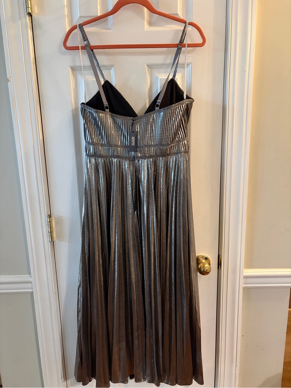 Metallic Silver Pleated Evening Dress with Spaghetti Straps - Picture 3 of 7